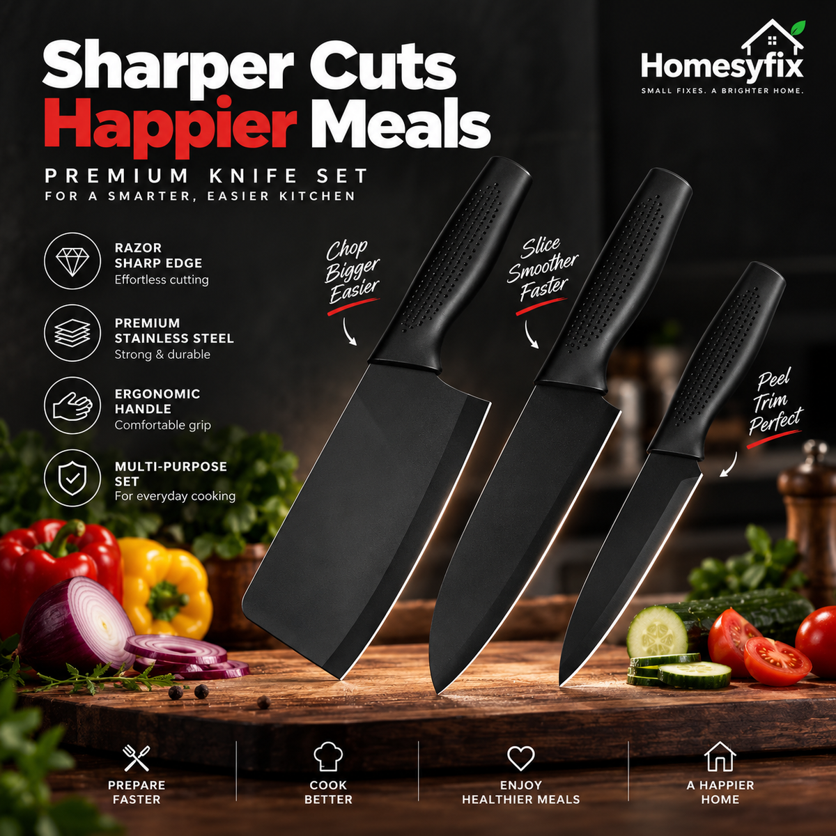 Stainless Steel 3 Pieces Professional Kitchen Knife Set