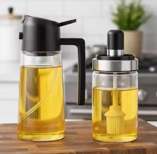 Combo Pack / Set of 2 | 2 in 1 Olive Oil Dispenser 500ML + FREE 250ML Mini Oil Brush Jar Oil Dispenser &amp; Oil Spray Bottle,
